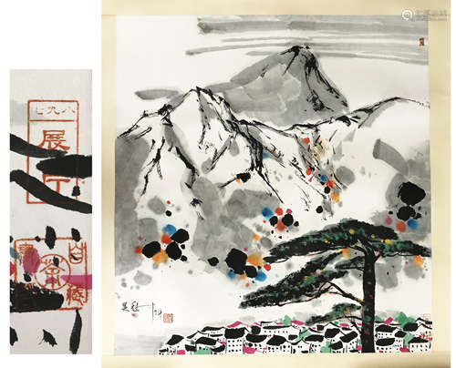 CHINESE ABSTRACT WATERCOLOR OF MOUNTAIN VIEWS ON PAPER