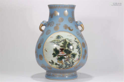 CHINESE PORCELAIN TURQUOISE GLAZE FAMILLE ROSE MOUNTAIN VIEWS JAR