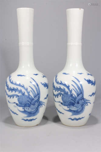 PAIR OF CHINESE PORCELAIN BLUE AND WHITE PHOENIX VASES