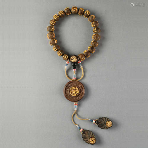 CHINESE GILT SILVER AGALWOOD BEAD BUDDHIST BRACELET