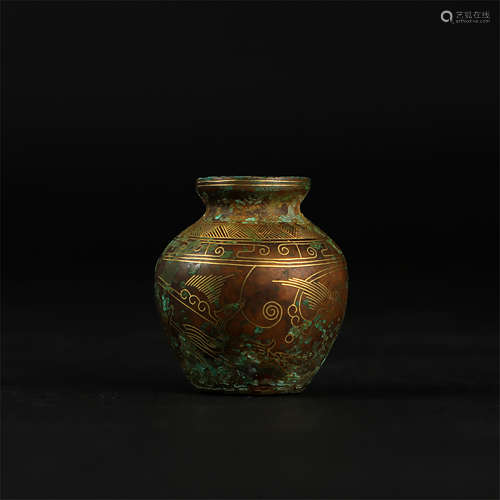 CHINESE GOLD INLAID BRONZE WATER JAR HAN DYNASTY