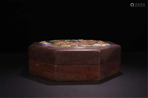 CHINESE GEM STONE INLAID HARDWOOD HONGMU HEXAGONAL LIDDED BOX