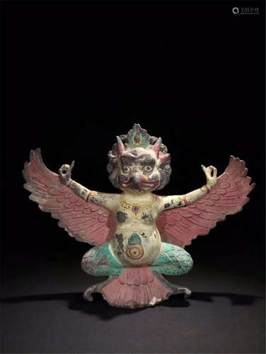 TIBETAN COLOR PAINTED BRONZE EAGLE BUDDHIST GUARDIAN