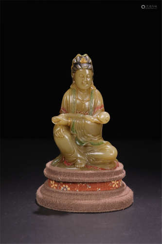 CHINESE COLOR SOAPSTONE SEATED GUANYIN TABLE ITEM