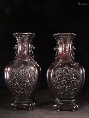 PAIR OF CHINESE HARDWOOD ZITAN FLOWER VASES