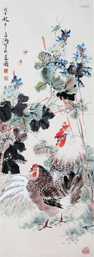 CHINESE SCROLL PAINTING OF CHICKEN AND FLOWER