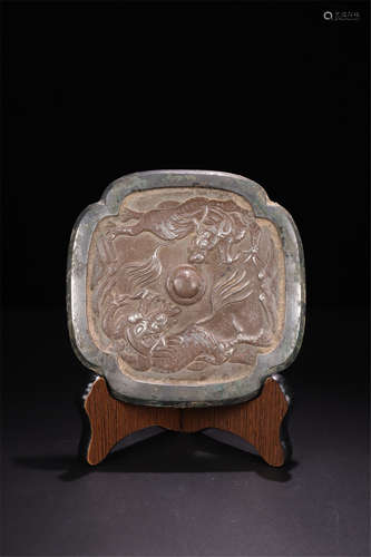 CHINESE SILVER INLAID BRONZE BEAST MIRROR