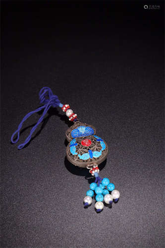 CHINESE PURE SILVER ENAMEL GOURD SHAPED INCENSE CAGE