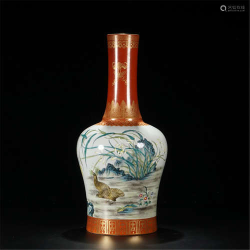 CHINESE PORCELAIN RED GROUND FAMILLE ROSE BIRD AND FLOWER VASE