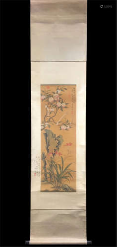 CHINESE SCROLL PAINTING OF PEACH TREE AND ROCK