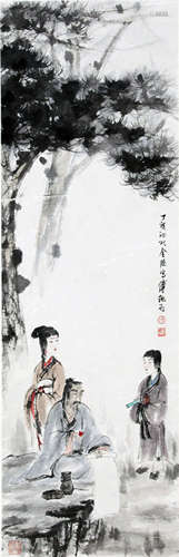 CHINESE SCROLL PAINTING OF PEOPLE UNDER TREE