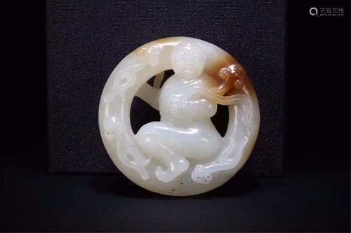 CHINESE WHITE JADE BOY ROUND PLAQUE