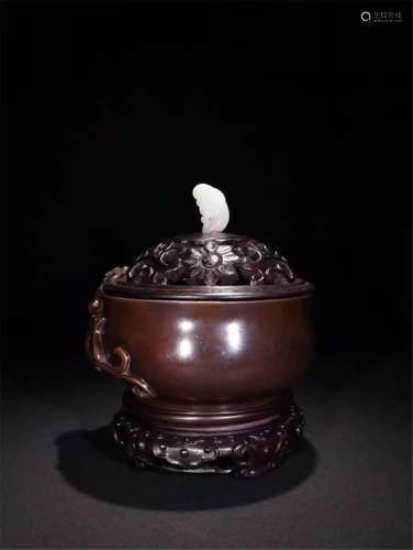 CHINESE BRONZE CENSER WITH ROSEWOOD LIDDER AND BASE WITH WHITE JADE FINAL