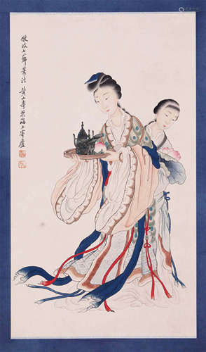 CHINESE SCROLL PAINTING OF BEAUTY WITH WINE