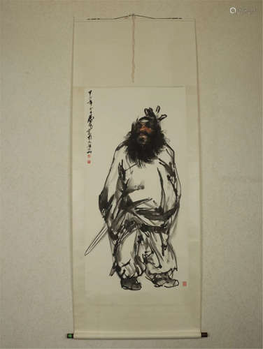 CHINESE SCROLL PAINTING OF MAN WITH SWORD