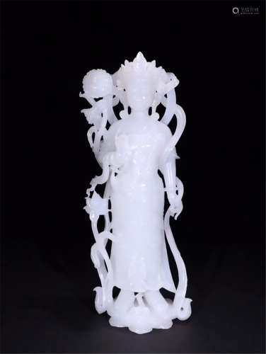 CHINESE WHITE JADE STANDING GUANYIN WITH LOTUS