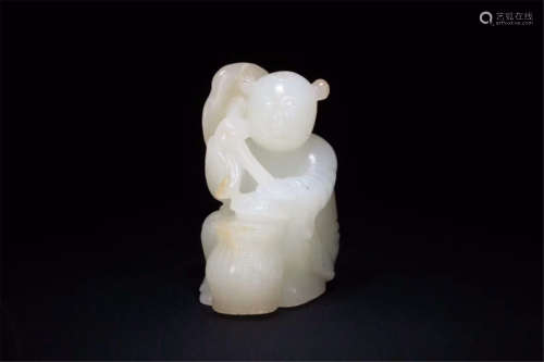 CHINESE WHITE JADE SEATED BOY TABLE ITEM