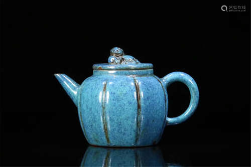 CHINESE YIXING ZISHA CLAY BLUE GLAZE TEA POT