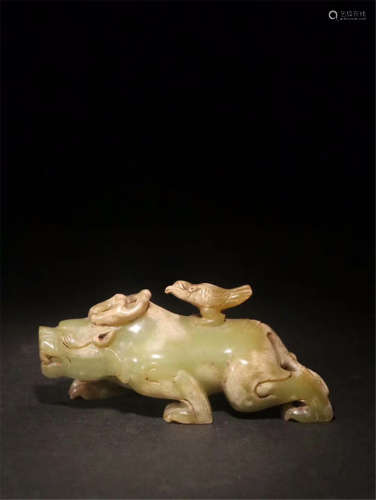 CHINESE CELADON JADE BEAST WITH BIRD