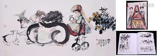 CHINESE SCROLL PAINTING OF GIRL AND RAMS WITH PUBLICATION