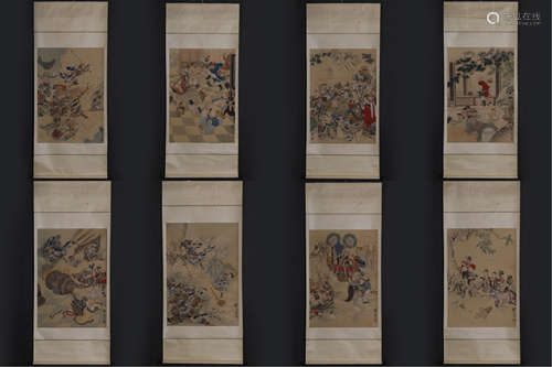 EIGHT PANELS OF CHINESE SCROLL PAINTING OF SERIAL STORY OF MONKEY KING