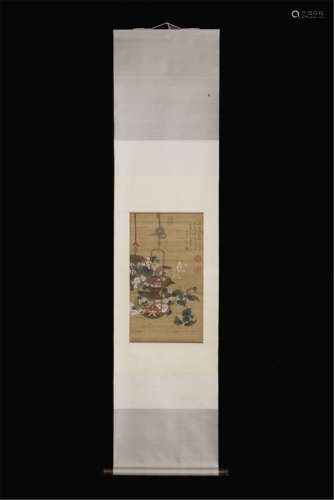 CHINESE SCROLL PAINTING OF FLOWER IN BASKET