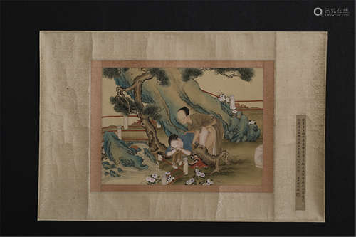 CHINESE SCROLL PAINTING OF EROTIC SENSES IN GARDEN