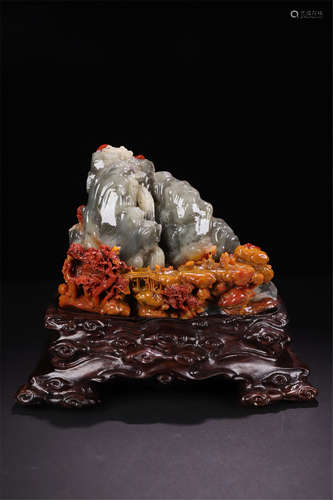 CHINESE SOAPSTONE SCHOLAR'S ROCK ON ROSEWOOD BASE