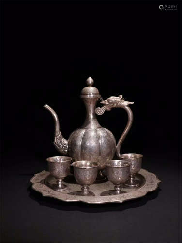 CHINESE SILVER WINE KETTLE WITH FOUR CUPS