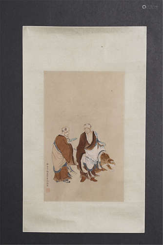 CHINESE SCROLL PAINTING OF LOHAN WITH TIGER