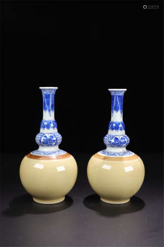 PAIR OF CHINESE PORCELAIN CELADON GLAZE BLUE AND WHITE DOUBLE GOURD VASES