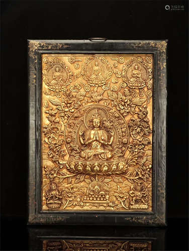 TIBETAN GILT BRONZE PLAQUE OF SEATED FOUR ARM GUANYIN