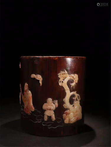 CHINESE SOAPSTONE INLAID BAMBOO BRUSH POT