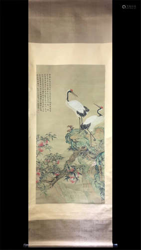 CHINESE SCROLL PAINTING OF CRANE AND PEACH