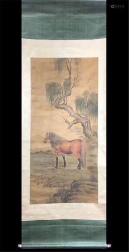 CHINESE SCROLL PAINTING OF HORSE UNDER TREE