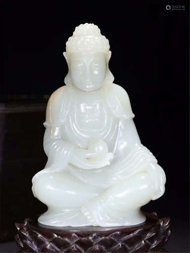 CHINESE CELADON JADE SEATED BUDDHA ON ROSEWOOD BASE