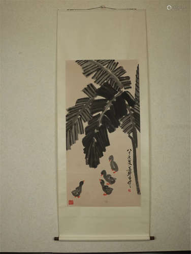 CHINESE SCROLL PAINTING OF DUCK UNDER LEAF