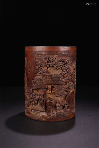 CHINESE BAMBOO CARVED MEN IN MOUNTAIN BRUSH POT