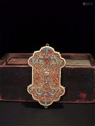 CHINESE PURE GOLD THREAD WEAVE GEM STONE INLAID ABSTIANANCE PLAQUE