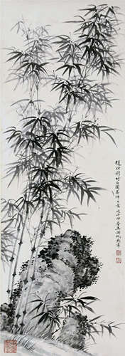 CHINESE SCROLL PAINTING OF BAMBOO AND RODK