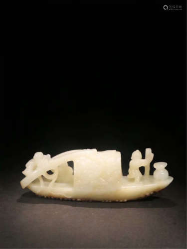 CHINESE NEPHRITE JADE MAN IN BOAT TABLE ITEM