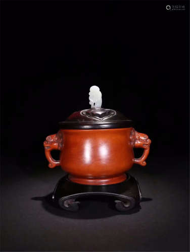 CHINESE BOXWOOD CENSER WITH ROSEWOOD COVER AND JADE FINAL