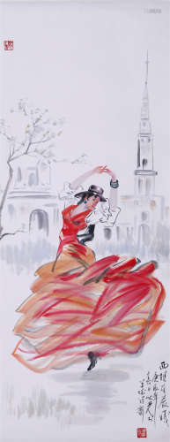 CHINESE SCROLL PAINTING OF FEMALE DANCER WITH PUBLICATION