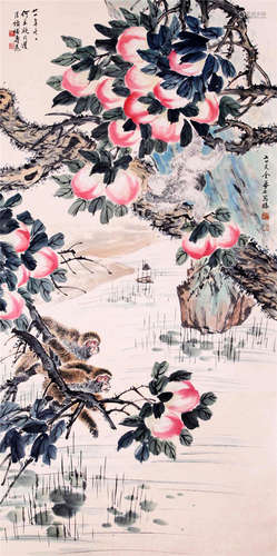 CHINESE SCROLL PAINTING OF MONKEY AND PEACH