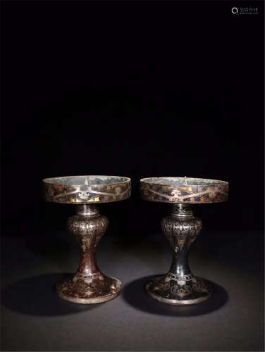 PAIR OF GOLD SILVER INLAID BRONZE CANDLE HOLDERS HAN DYNASTY