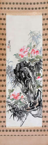 CHINESE SCROLL PAINTING OF FLOWER AND ROCK