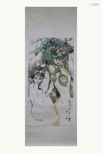 CHINESE SCROLL PAINTING OF BEAUTY WITH FLOWER