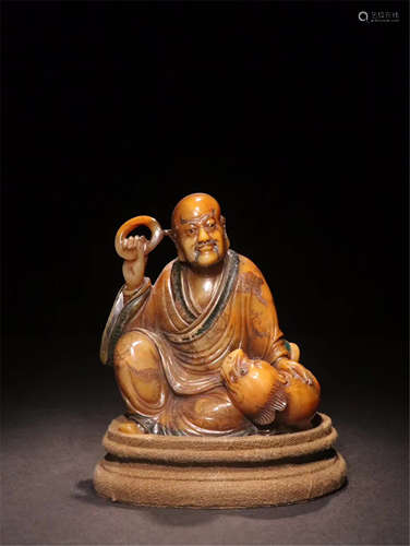 CHINESE COLOR PAINTED TIANHUANG STONE SEATED LOHAN