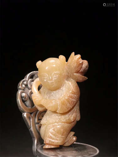 CHINESE SUGAR JADE BOY WITH LOTUS TABLE ITEM