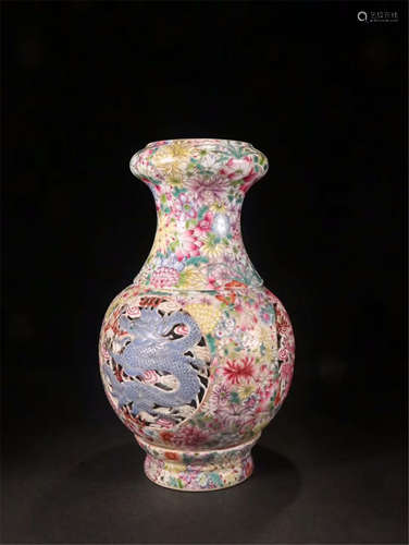 CHINESE PORCELAIN FAMILLE ROSE FLOWER DRAGON VASE